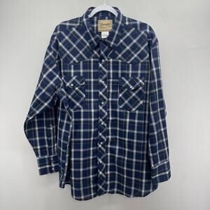 Wrangler Pearl‎ Snap Western Shirt Mens 2XL Big Blue White Plaid Long Sleeve